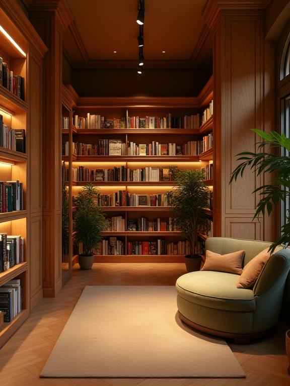 초록비전 매장의 따뜻하고 아늑한 내부 모습으로, 책장과 부드러운 조명이 보입니다.